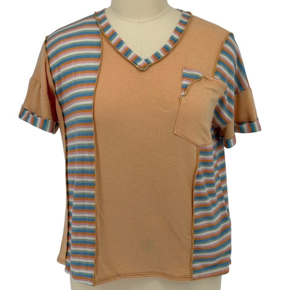 Sugarfox Short Sleeve Top Peach‎ Multi Striped Patchwork Knit 2X